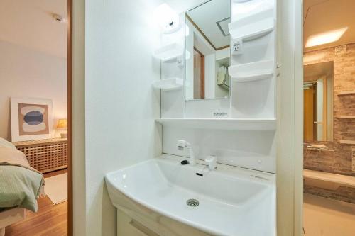 a bathroom with a white sink and a mirror at 上落合ハウス KAMIOCHIAI HOUSE in Tokyo