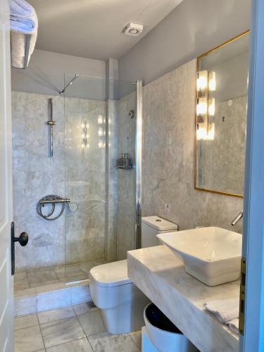 a bathroom with a shower and a toilet and a sink at Villa Selena in Ermoupoli