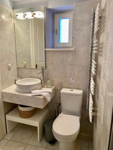 a bathroom with a toilet and a sink and a mirror at Villa Selena in Ermoupoli
