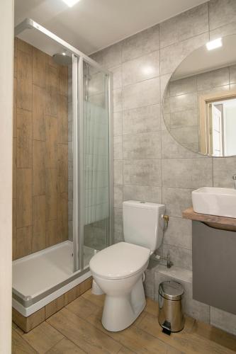 a bathroom with a toilet and a shower and a sink at Trumpalaikė buto nuoma Telšiuose in Telšiai