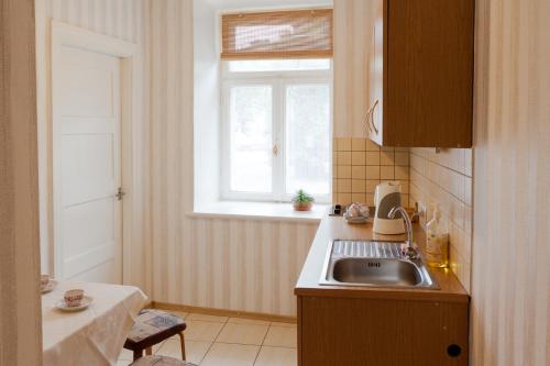 una cucina con lavandino e finestra di Pumpura apartamenti a Liepāja