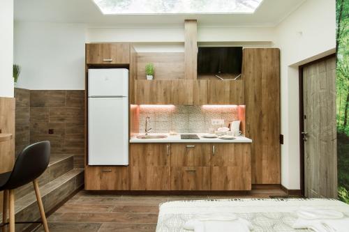 a kitchen with a sink and a refrigerator at Art Apartments on Deribasovskaya in Odesa