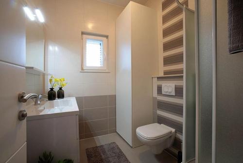 un piccolo bagno con servizi igienici e lavandino di Sea Salt Apartment a Novalja (Novaglia)
