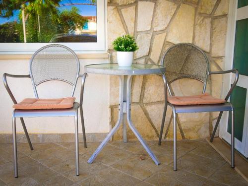 two chairs and a glass table with a potted plant at Charming Apartment in Novigrad, 45 sqm, with Terrace in Novigrad Istria