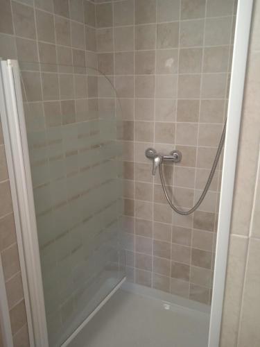 a shower with a glass door in a bathroom at Vivienda uso turistico Los Nogales in Foz