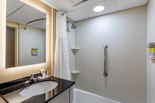 La salle de bains est pourvue d'un lavabo et d'une douche. dans l'établissement Comfort Inn Paramus - Hackensack, à Paramus