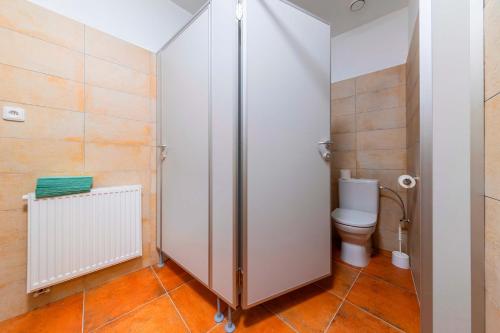 a bathroom with a toilet and a shower stall at Vila Lovců králových in Český Krumlov