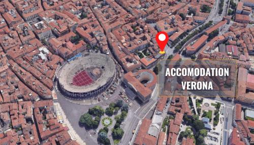 a map of a city with a red arrow pointing to a building at Accomodation Verona - City Centre in Verona