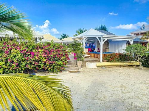a house on the beach with flowers and plants at Villa Marie, swimming pool, beach, pontoon and jacuzzi, all private in Baie Nettle