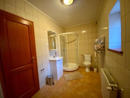 y baño con ducha, aseo y lavamanos. en Budányi Vendégház, en Tállya