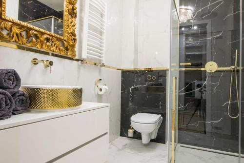 uma casa de banho com um WC e uma cabina de duche em vidro. em Central Apartments Goleniow Luxury em Goleniów