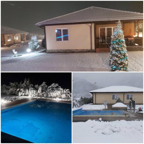 two pictures of a house and a christmas tree in the snow at Вилен комплекс Дарибел in Sapareva Banya