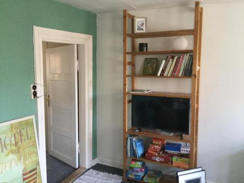 a living room with a television and a book shelf at Ribe centrum i fredet hus in Ribe