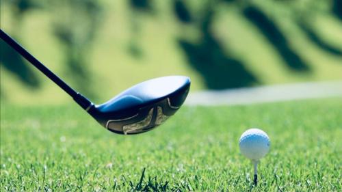 a golf club and a golf ball in the grass at Villa Vista Mar Piscina Suites in Fuzeta