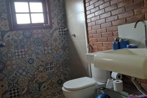 ein Bad mit einem WC, einem Waschbecken und einer Ziegelwand in der Unterkunft Casa ao lado da cervejaria Três Santas com piscina in Santa Teresa