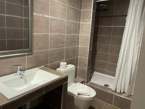 ein Bad mit einem Waschbecken, einem WC und einer Dusche in der Unterkunft Hôtel Le Globe in Marsanne