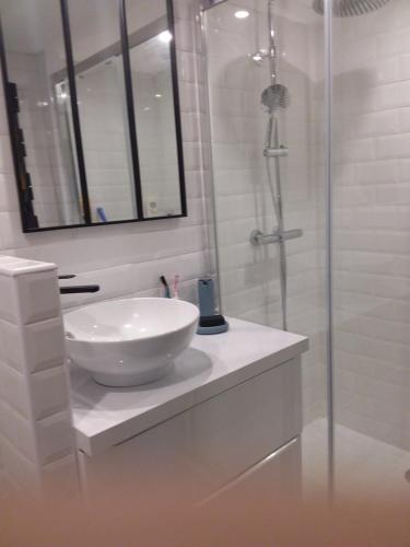 une salle de bain blanche avec un lavabo et une douche dans l'établissement La cabane du pêcheur, à Mèze