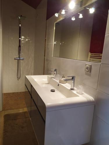 ein Badezimmer mit einem weißen Waschbecken und einem Spiegel in der Unterkunft Limone Vallée in Montrigaud