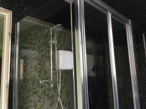 a shower in a window with a microphone at The Benson Hotel in Blackpool