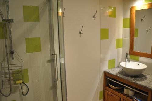 a bathroom with a sink and a shower at Gîte d'étape Le Couvent d'Ossau in Louvie Juzon