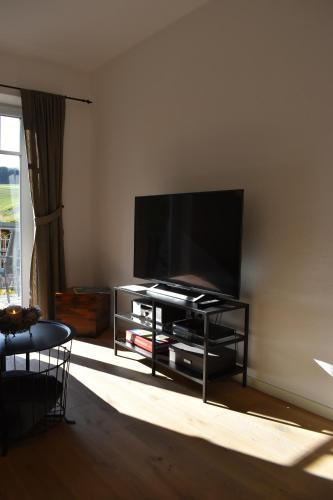 uma sala de estar com uma televisão de ecrã plano num centro de entretenimento em Ferienwohnung Eifelrausch em Berenbach