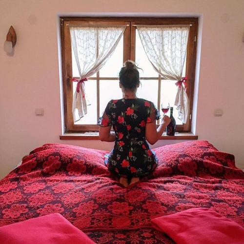 a woman sitting on a bed looking out a window at Podrum Miljević in Ledinci
