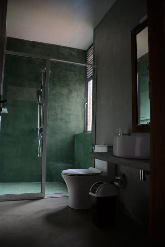 a bathroom with a shower and a toilet and a sink at Icy Falls - Ohiya in Ohiya