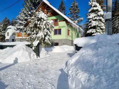 a house covered in snow in front of a yard at Vila Kamila in Tatranska Strba