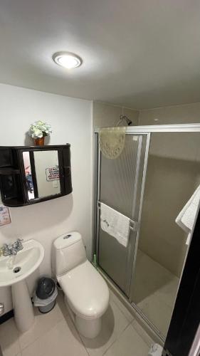 a bathroom with a toilet and a shower and a sink at Guaduales del café a 403 in Montenegro