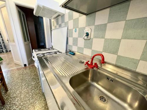 eine Küche mit einer Edelstahlspüle und einem Herd in der Unterkunft Acquadolce apartment in Levanto