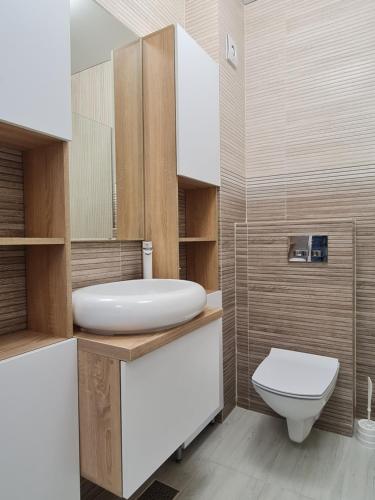 een badkamer met een witte wastafel en een toilet bij Adam and Eva Nest in Năvodari