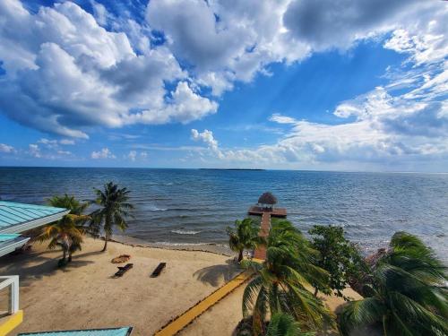 a view of the beach with palm trees and the ocean at Lucky Duck Villa - Private Beach Escape in Maya Beach