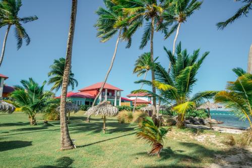 een uitzicht op een resort vanaf het strand met palmbomen bij Suites Anagani in Le François