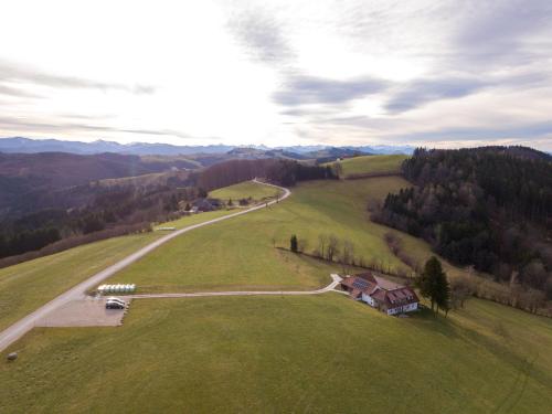 an aerial view of a field with a house and a road at Stein im Holz in Scheibbs