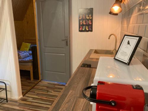 uma cozinha com uma mala vermelha no balcão em Kis Veréb Körösparti Házikó em Békésszentandrás