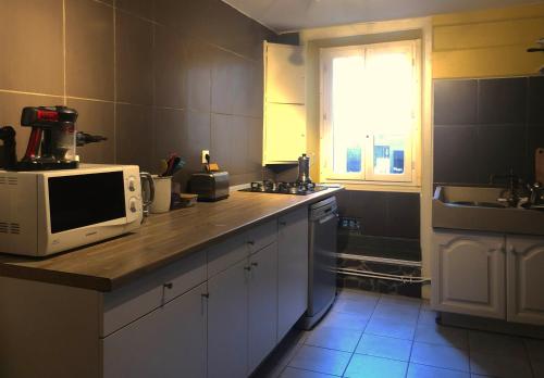 een keuken met een aanrecht met een magnetron en een raam bij Charming one bedroom apartment in Brive center in Brive-la-Gaillarde