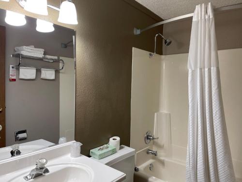 a bathroom with a sink and a shower curtain at Super 8 by Wyndham Bismarck in Bismarck