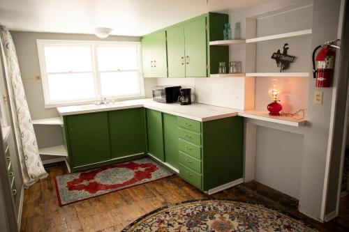 a kitchen with green cabinets and a window at Rustic 2 Bedroom Boho Apartment in Laramie