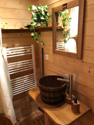 La salle de bains est pourvue d'un lavabo en bois et d'un miroir. dans l'établissement La Cabane à l'Orée des Bornes, à Évires