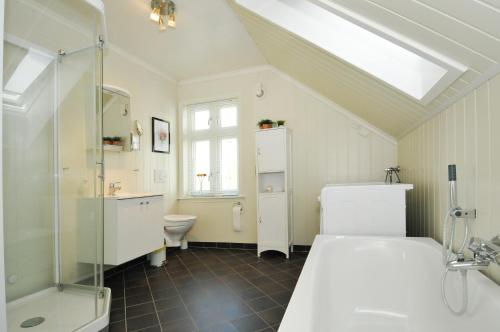 a bathroom with a shower and a toilet and a sink at Nyksund Apartments Marihaugen in Nyksund