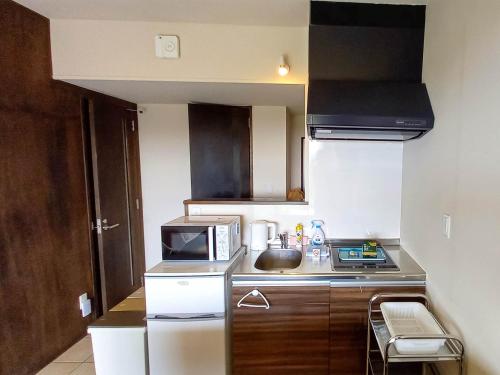 a small kitchen with a sink and a microwave at terrace IRIOMOTEJIMA CONDOMINIUM in Iriomote