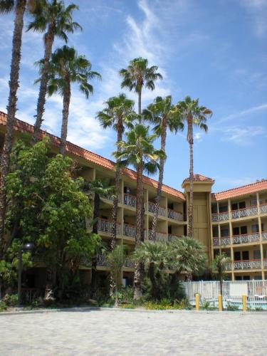 a hotel with palm trees in front of it at Ramada by Wyndham Burbank Airport in Burbank