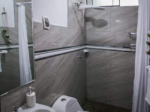 y baño con aseo, lavabo y espejo. en Complete apartment, services included, WIFI, Netflix, en Lima