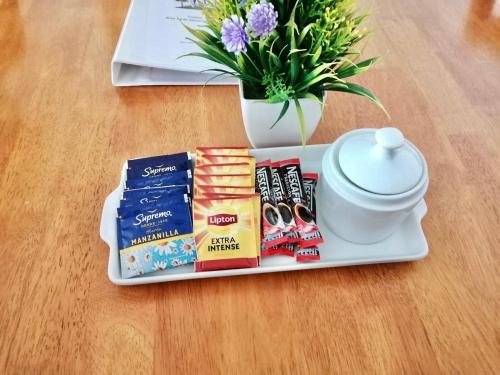 a tray with some snacks and a pot of flowers at Apartamentos Alma Socoroma in Arica