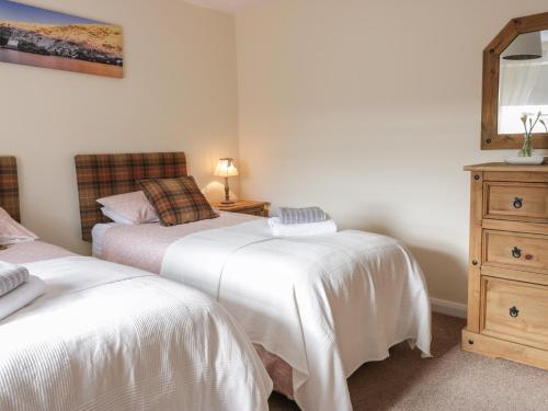 a bedroom with two beds and a dresser and a mirror at The Antlers in Coldstream