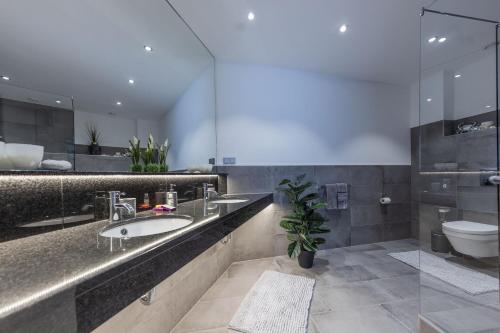 Luxus Wellness Loft - 245qm - Designwohnen im Zentrum في غوترسلوه: حمام مع حوض ومرحاض