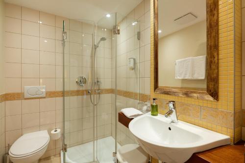 a bathroom with a sink and a shower and a toilet at Romantik Hotel Waldschlösschen in Schleswig