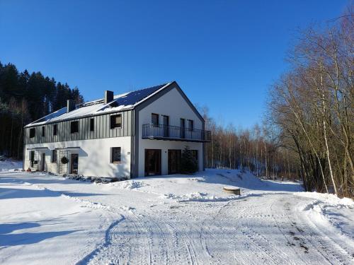 a white house in the snow on a snowy road at Willa Na Pstrążnicy in Kudowa-Zdrój