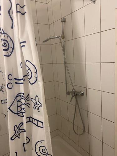 a bathroom with a shower with a shower curtain at Apartment Lingen in Lingen