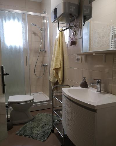 a bathroom with a shower and a sink and a toilet at Apartment Nika in Rab